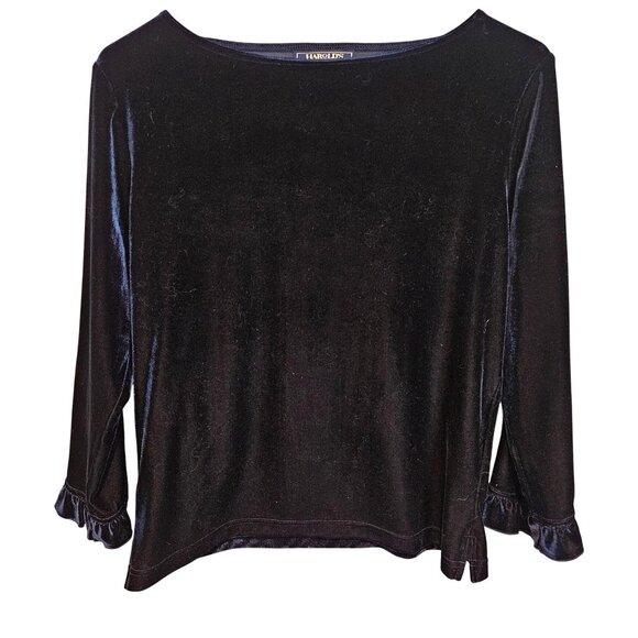 Harold's Tops - Harold's Woman Size M VTG Blue Velvet Top Side Vents Ruffle Sleeve Luxury Party